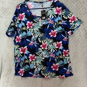 Buzz Womens 3X Blouse Colorful Floral Palm Print Short Sleeve Keyhole Neck
